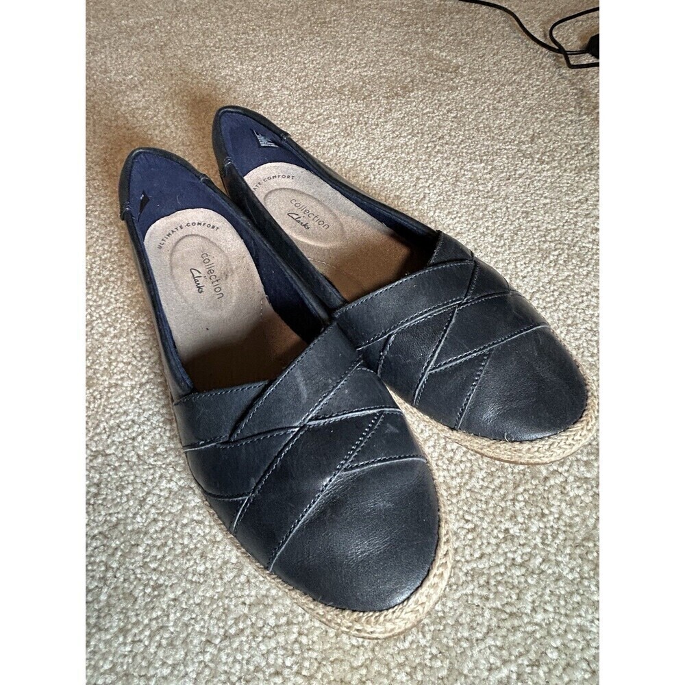 CLARKS 7.5M Danelly Shine Jute Woven Leather Flats Loafer Dark Navy